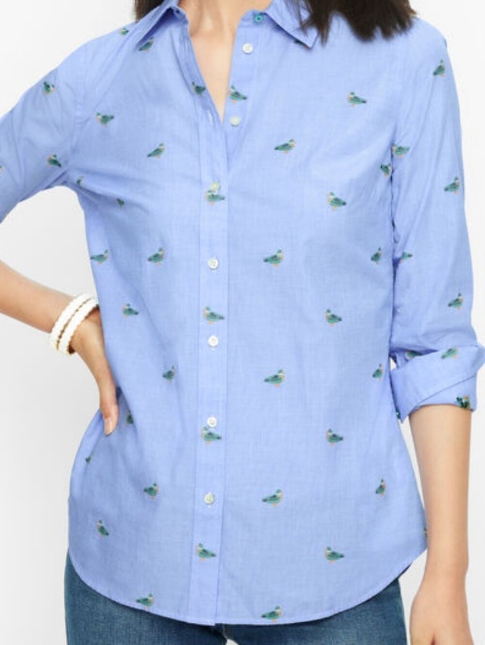 Talbots Embroidered Mallard Duck Cotton Button Down Shirt Preppy Casual Sz LP